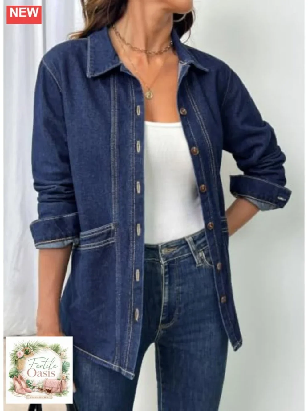 Women's Oversized Denim Jacket with Patch Pockets & Button Front